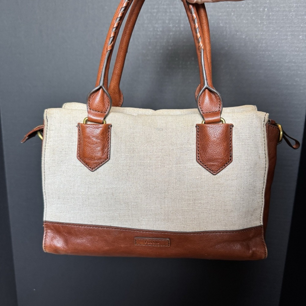 Fossil Cream Colored Linen And Brown Leather Handbag Purse Zipper Closure